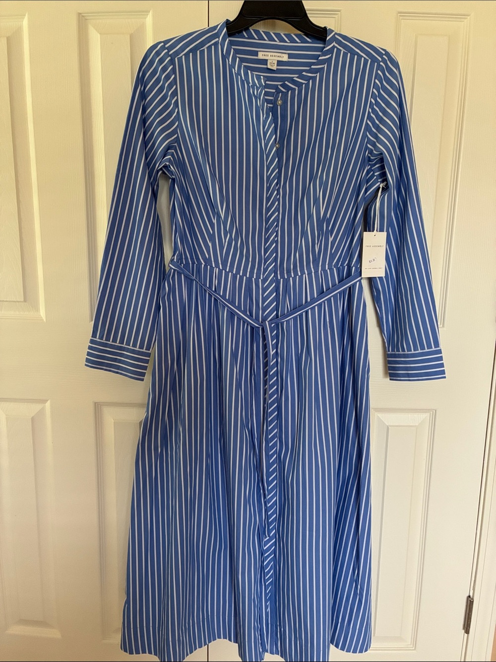 Free Assembly Blue and White Striped Midi Dress  With Tie Waist - NWT- L(12-14)